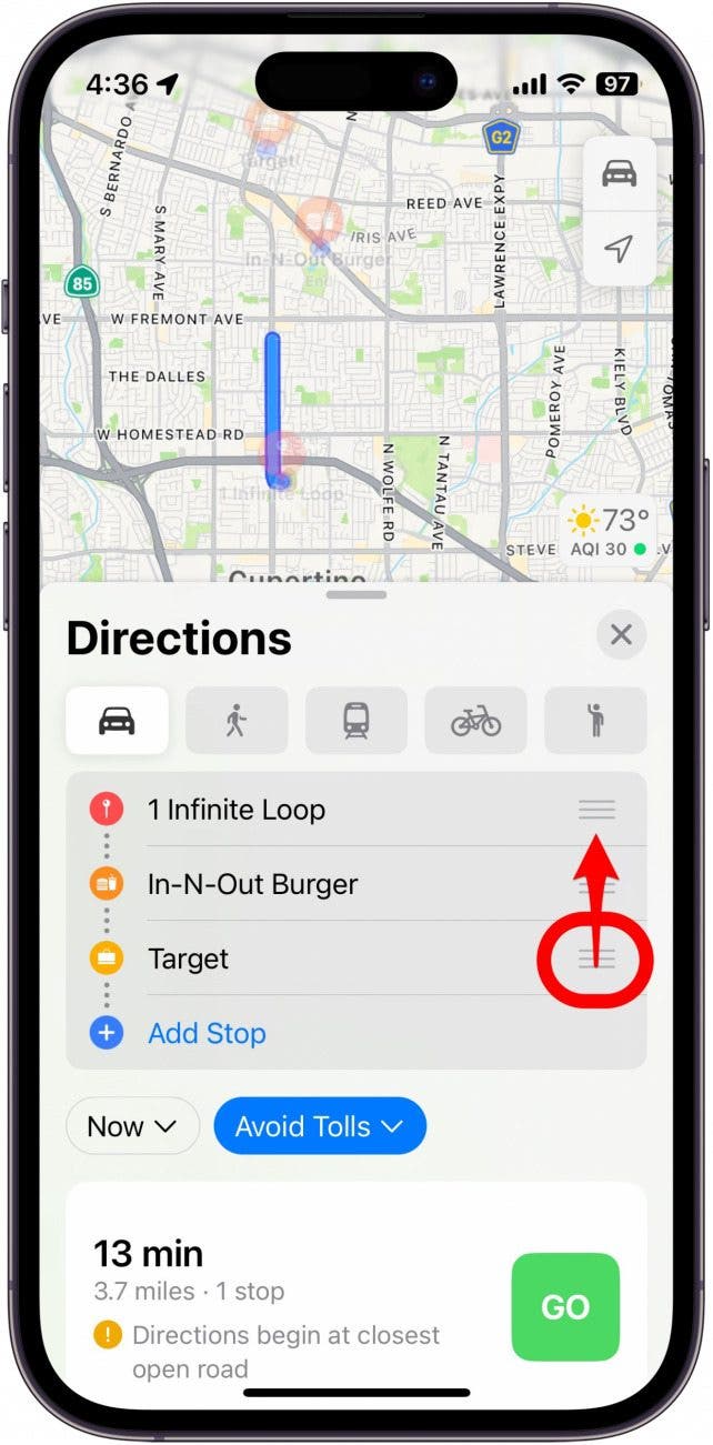 Screenshot des Multistopp-Routenplaners von Apple Maps, der zeigt, wie Stopps neu angeordnet werden
