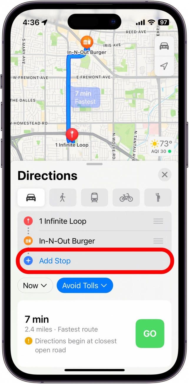 Screenshot des Multi-Stopp-Routenplaners von Apple Maps mit der rot eingekreisten Schaltfläche „Stopp hinzufügen“.