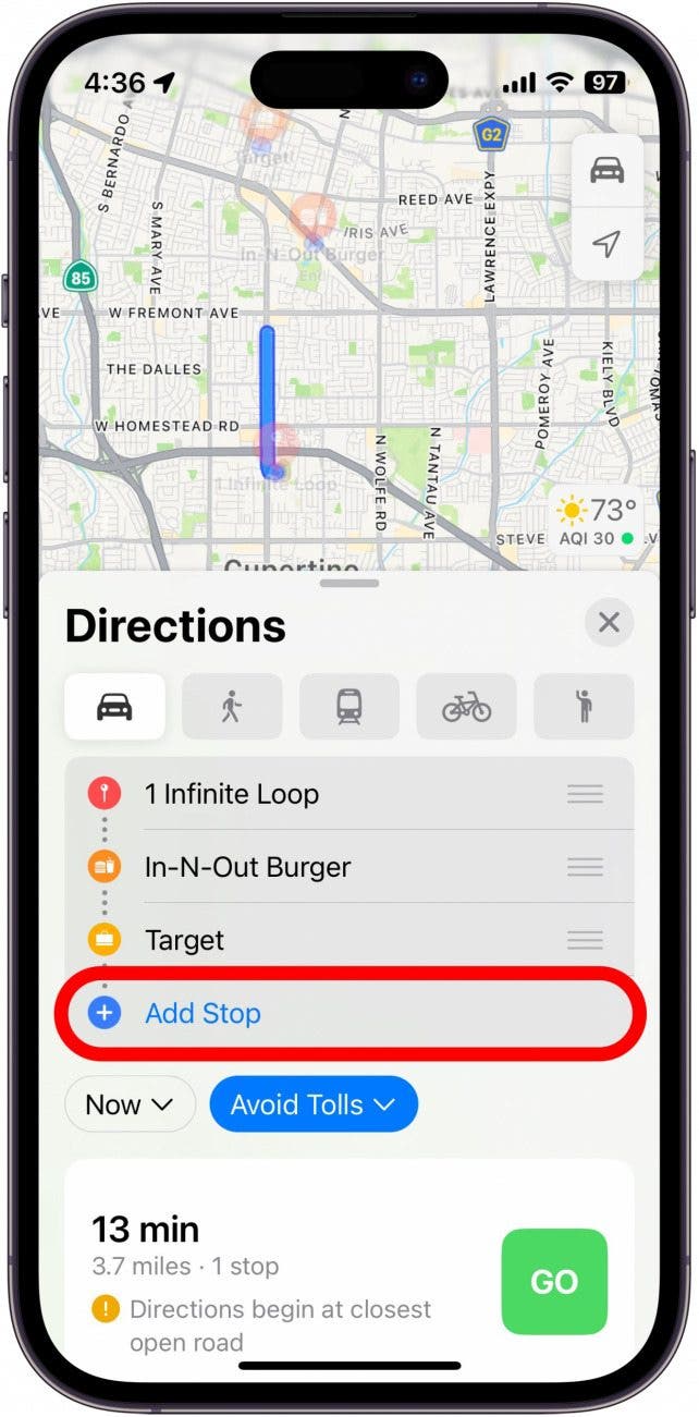 Screenshot, der zeigt, wie man einen Stopp zu Apple Maps hinzufügt