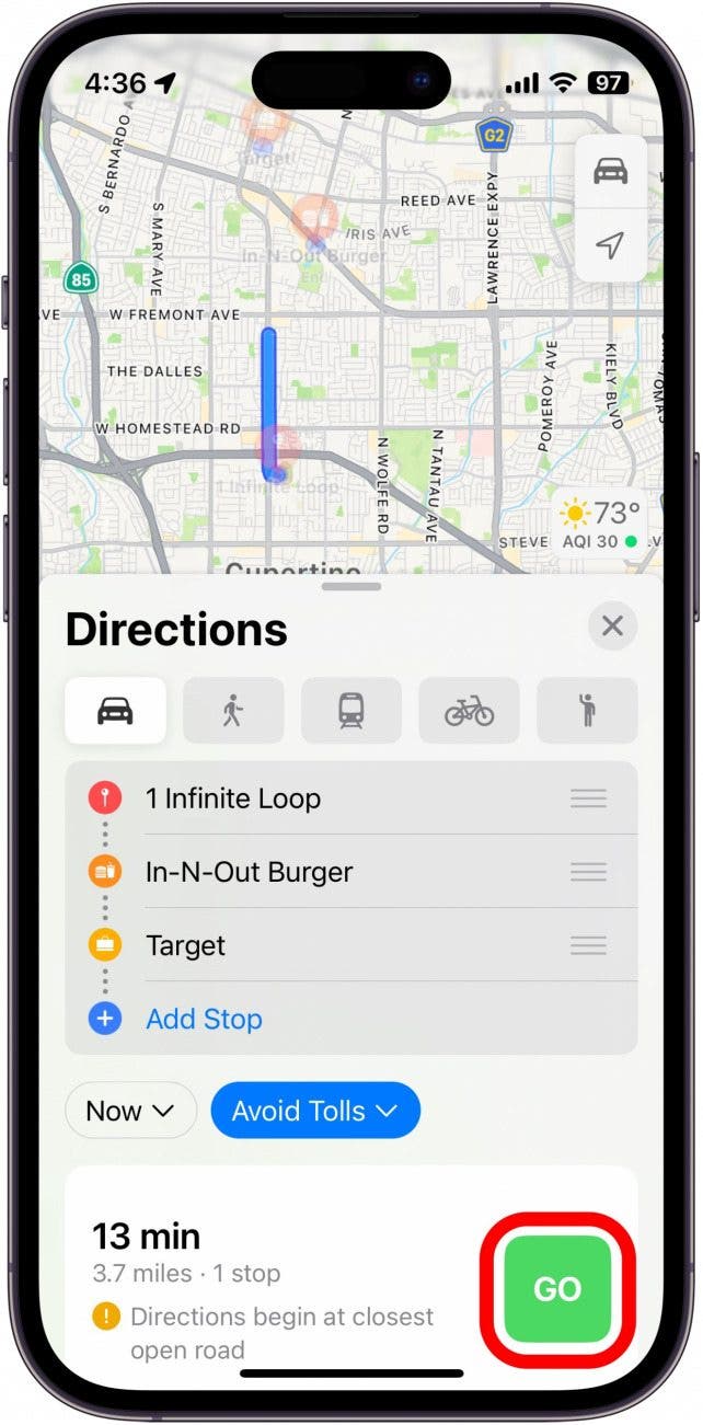 Screenshot von Apple Maps mit der rot eingekreisten Go-Schaltfläche