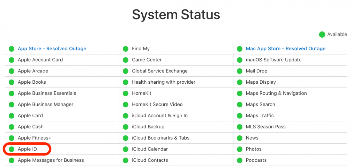 Überprüfen Sie den Apple-Systemstatus auf die Apple-ID
