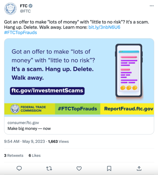 Tweet zur Sensibilisierung für FTC-Betrugsbetrug
