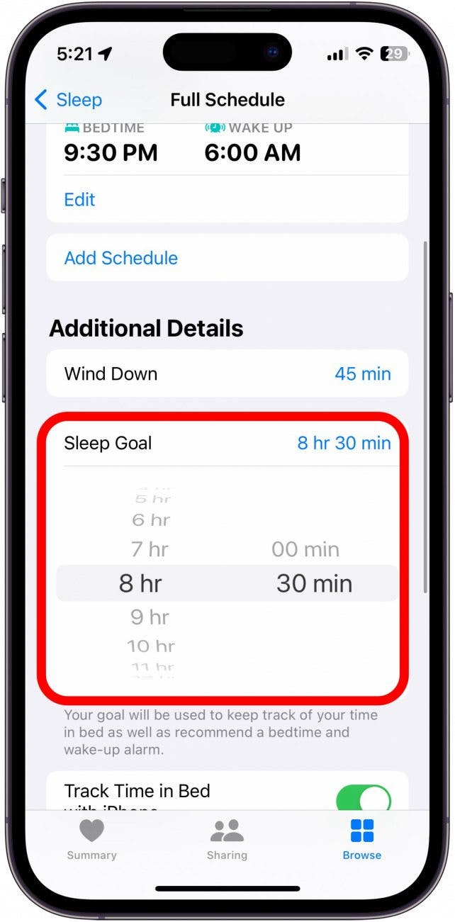 Screenshot des Schlafmenüs der iPhone-Gesundheits-App mit rot eingekreistem Schlafziel
