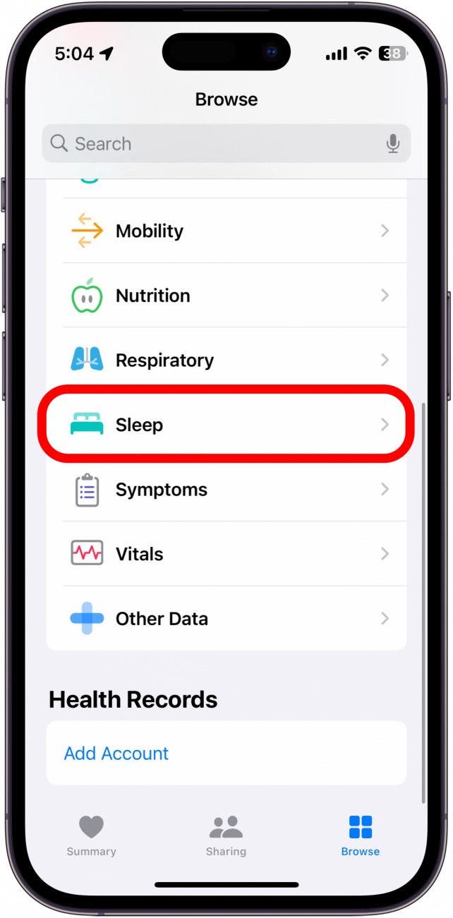 Screenshot der iPhone-Gesundheits-App mit rot eingekreister Schlafkategorie