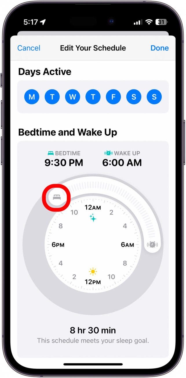 Screenshot des iPhone-Schlafplans mit rot eingekreistem Schlafenszeit-Schieberegler
