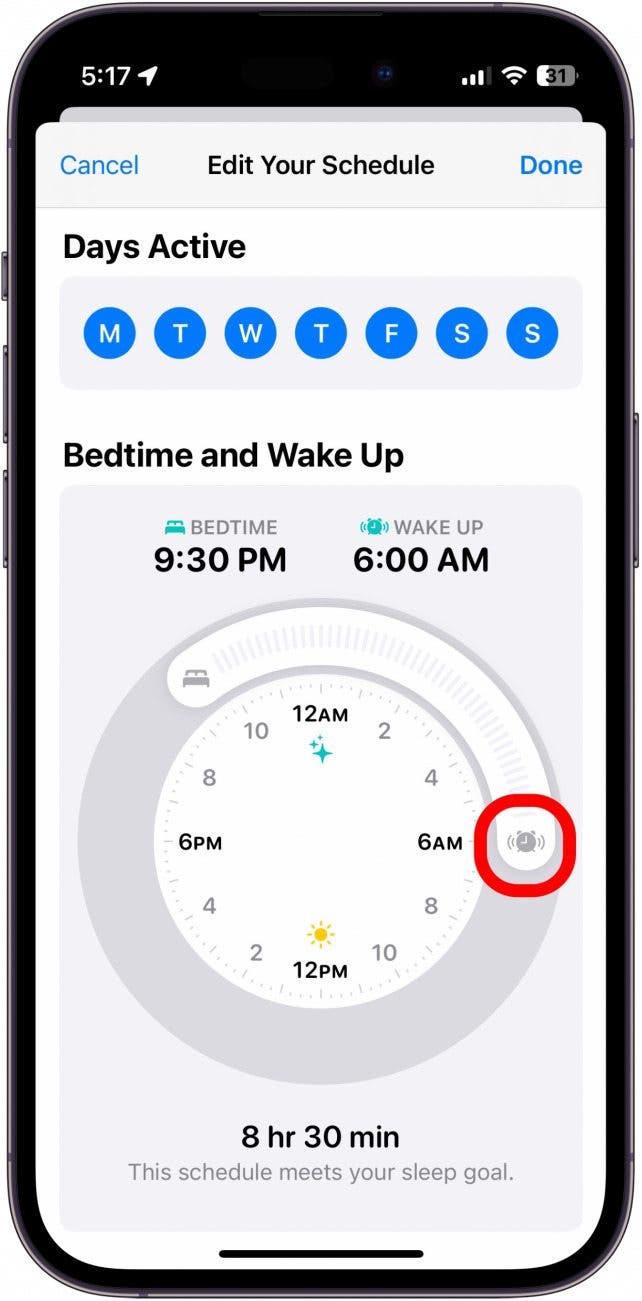 Screenshot des iPhone-Schlafplans mit rot eingekreistem Weckschieberegler