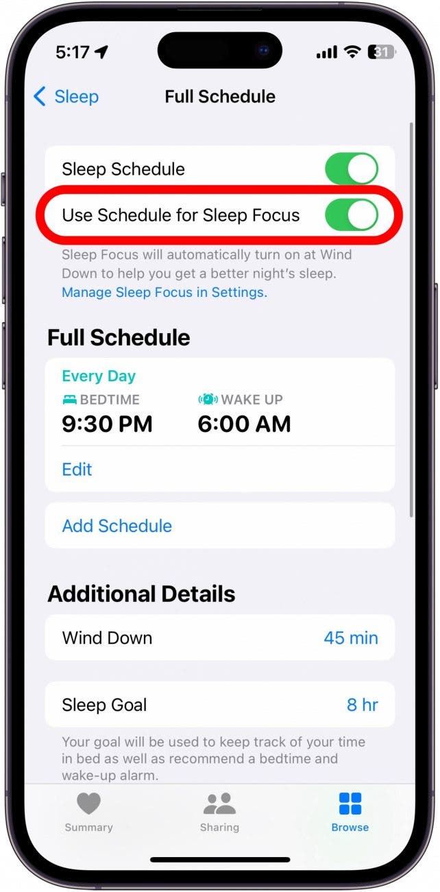 Screenshot des Schlafmenüs der iPhone-Gesundheits-App mit rot eingekreistem Nutzungsplan für den Schlaffokus