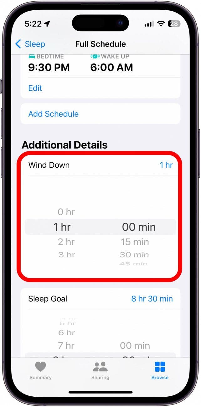 Screenshot des Schlafmenüs der iPhone-Gesundheits-App mit rot eingekreister Entspannungszeit