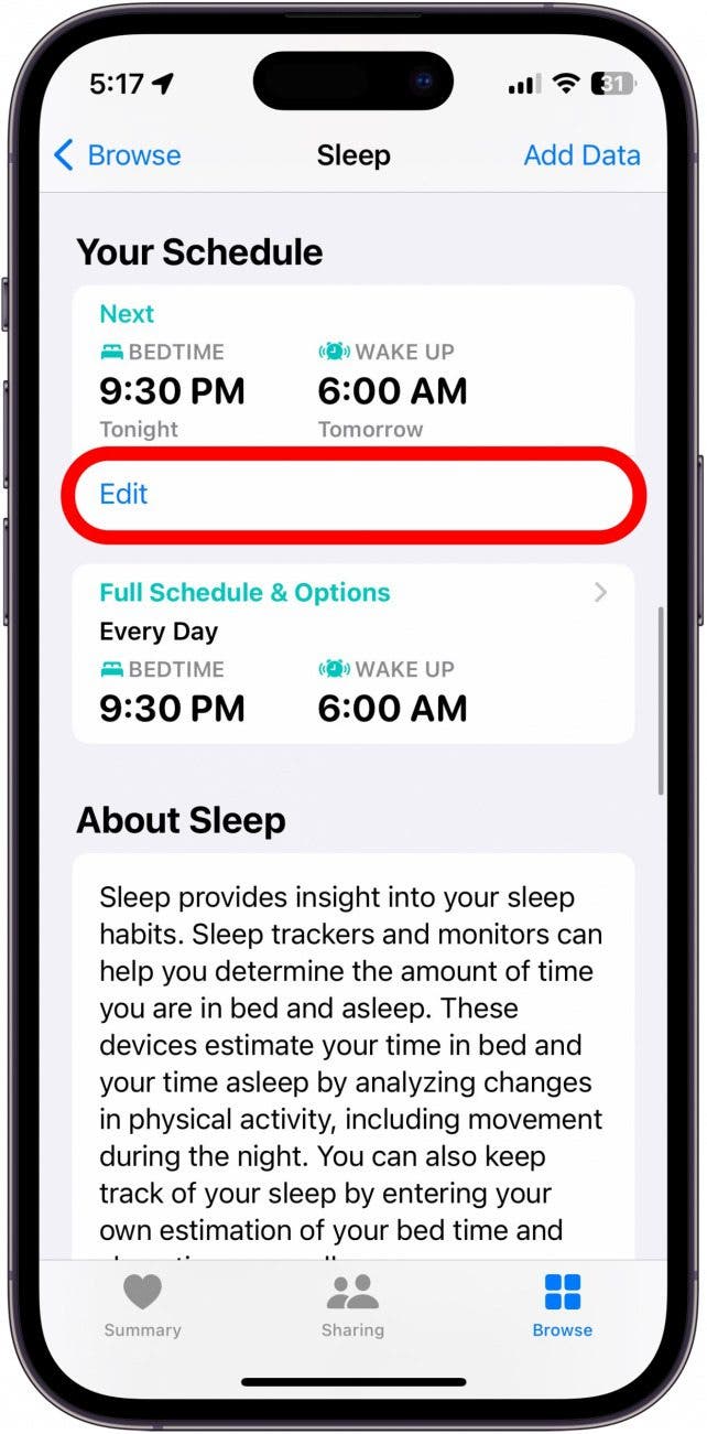 Screenshot des Schlafmenüs der iPhone-Gesundheits-App mit der Schaltfläche „Bearbeiten“ unter dem nächsten Zeitplan, rot eingekreist