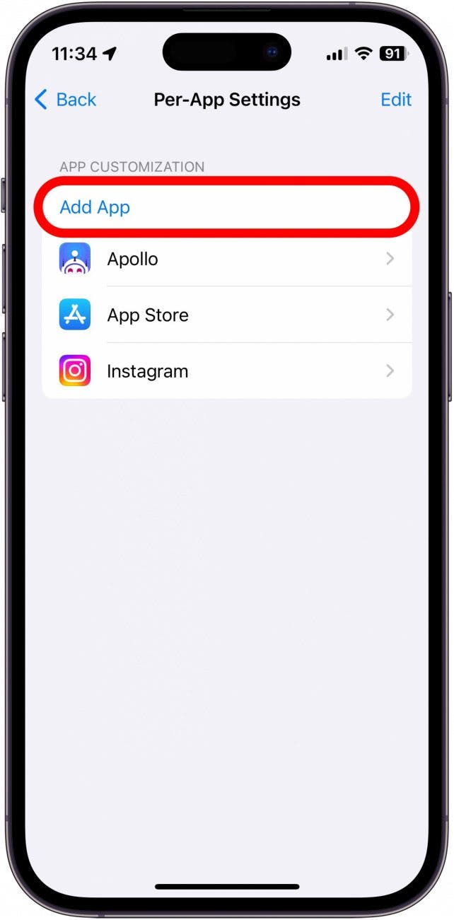Screenshot der iPhone-App-Einstellungen mit rot eingekreister App „App hinzufügen“.
