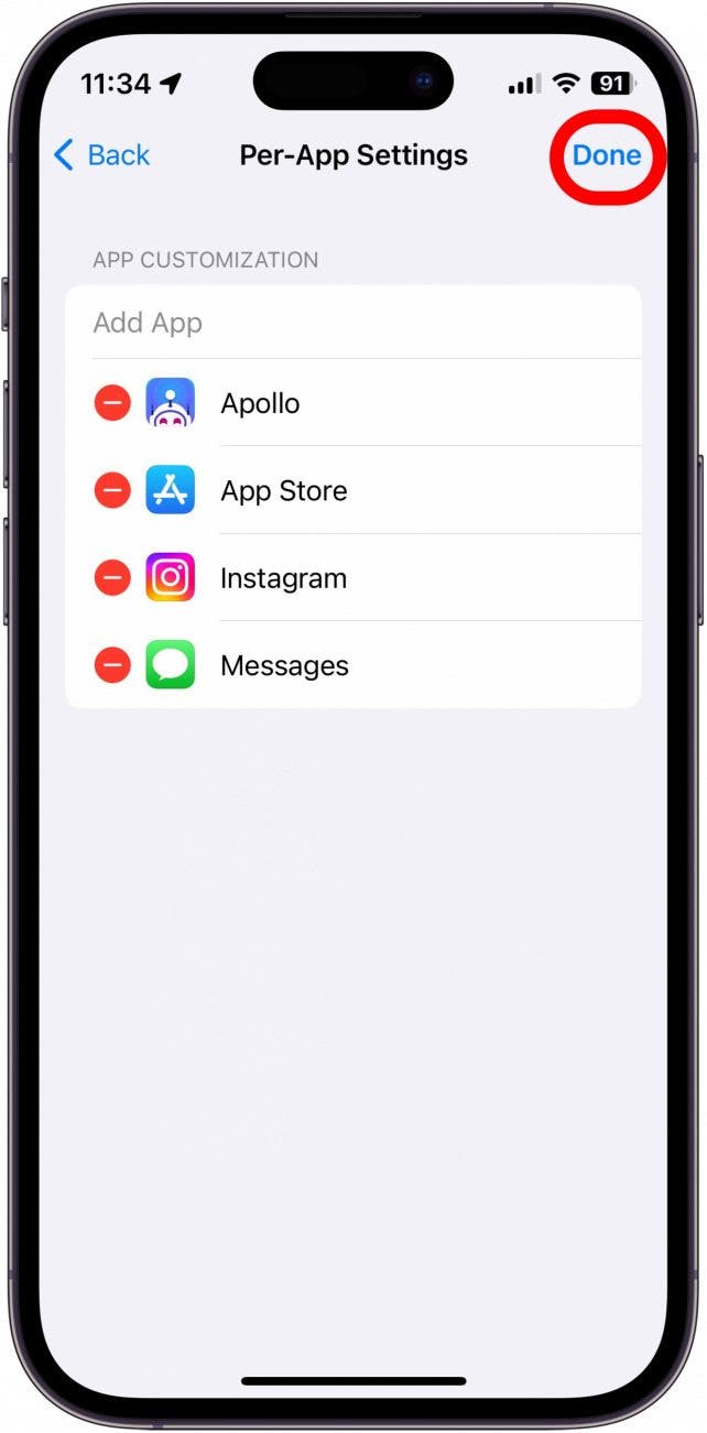 Screenshot der iPhone-App-Einstellungen mit rot eingekreister Schaltfläche „Fertig“.