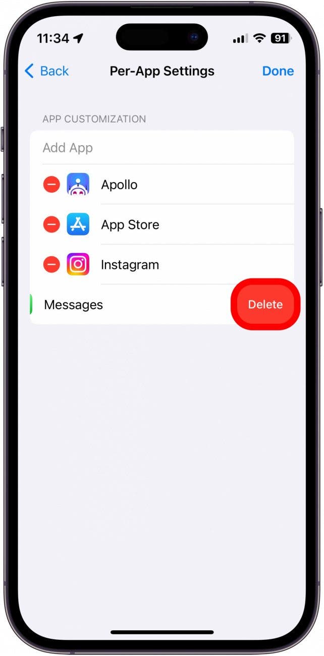 Screenshot der iPhone-App-Einstellungen mit rot eingekreister Schaltfläche zum Löschen