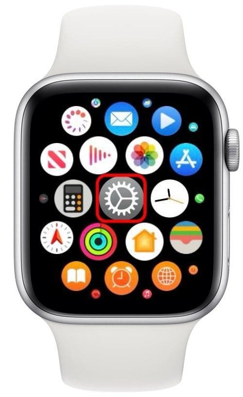 Screenshot der Apple Watch mit dem App-Bildschirm, wobei die Einstellungs-App rot eingekreist ist