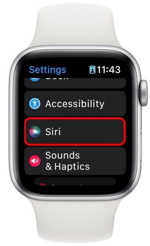 Screenshot der Apple Watch, der das Einstellungsmenü mit rot eingekreister Siri zeigt