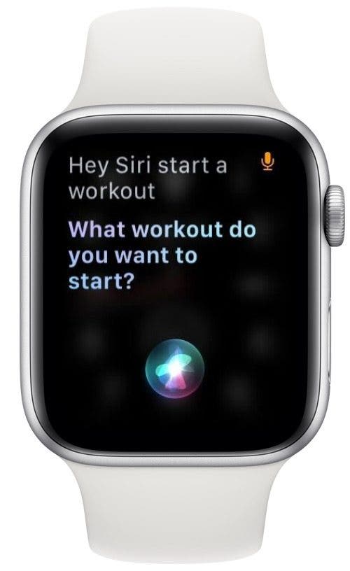 Screenshot der Apple Watch, der zeigt, wie man Siri bittet, mit dem Training zu beginnen