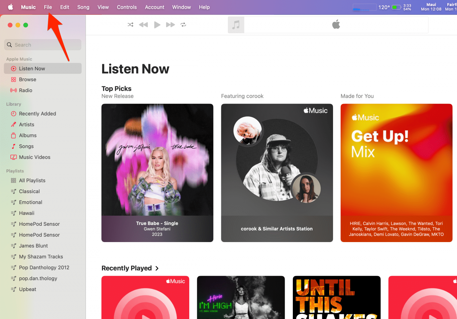 Öffnen Sie Apple Music auf Ihrem Mac (dies funktioniert auch auf Ihrem iPad) und klicken Sie dann auf Datei.