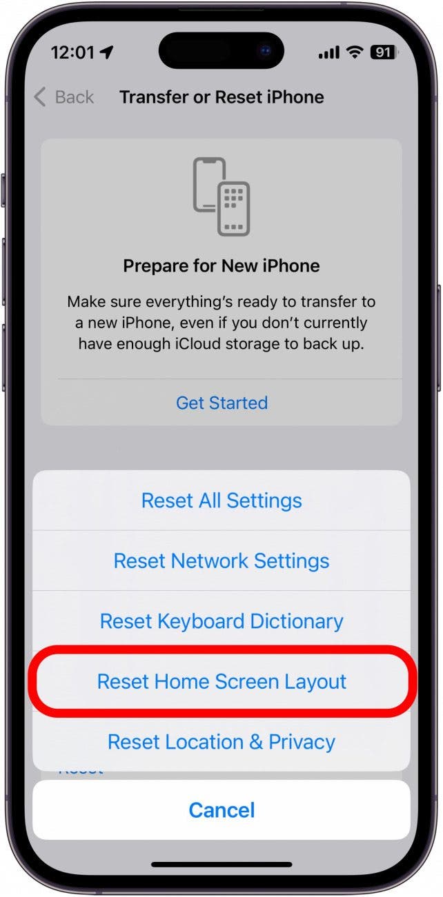 Screenshot der iPhone-Reset-Optionen mit rot eingekreistem Layout des Startbildschirms zum Zurücksetzen