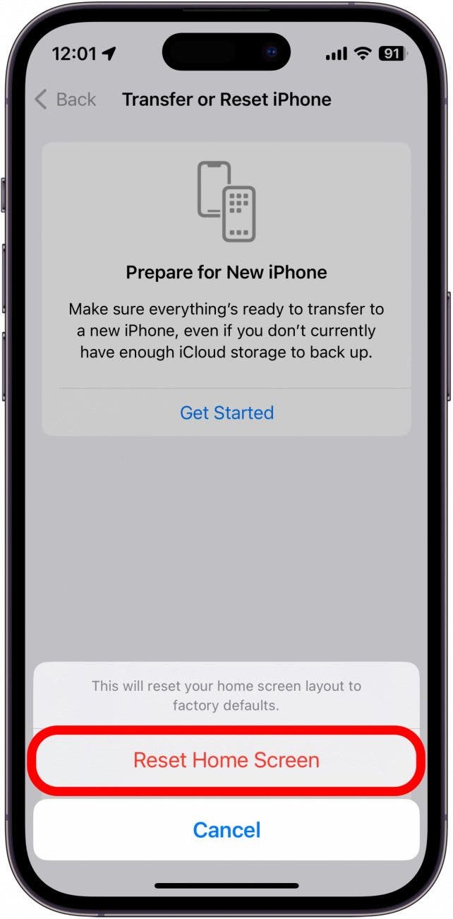 Screenshot des Layout-Bestätigungsbildschirms zum Zurücksetzen des Startbildschirms des iPhone mit rot eingekreistem Startbildschirm zum Zurücksetzen