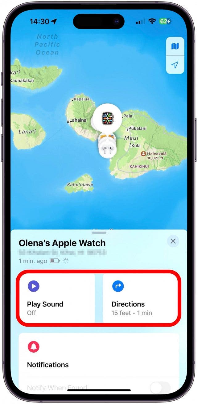 Wenn Ihre Apple Watch nicht ausgeschaltet oder offline ist, können Sie Ton abspielen, um sie klingeln zu hören, wenn sie sich in der Nähe befindet, oder auf „Wegbeschreibung“ tippen, um dorthin zu navigieren.