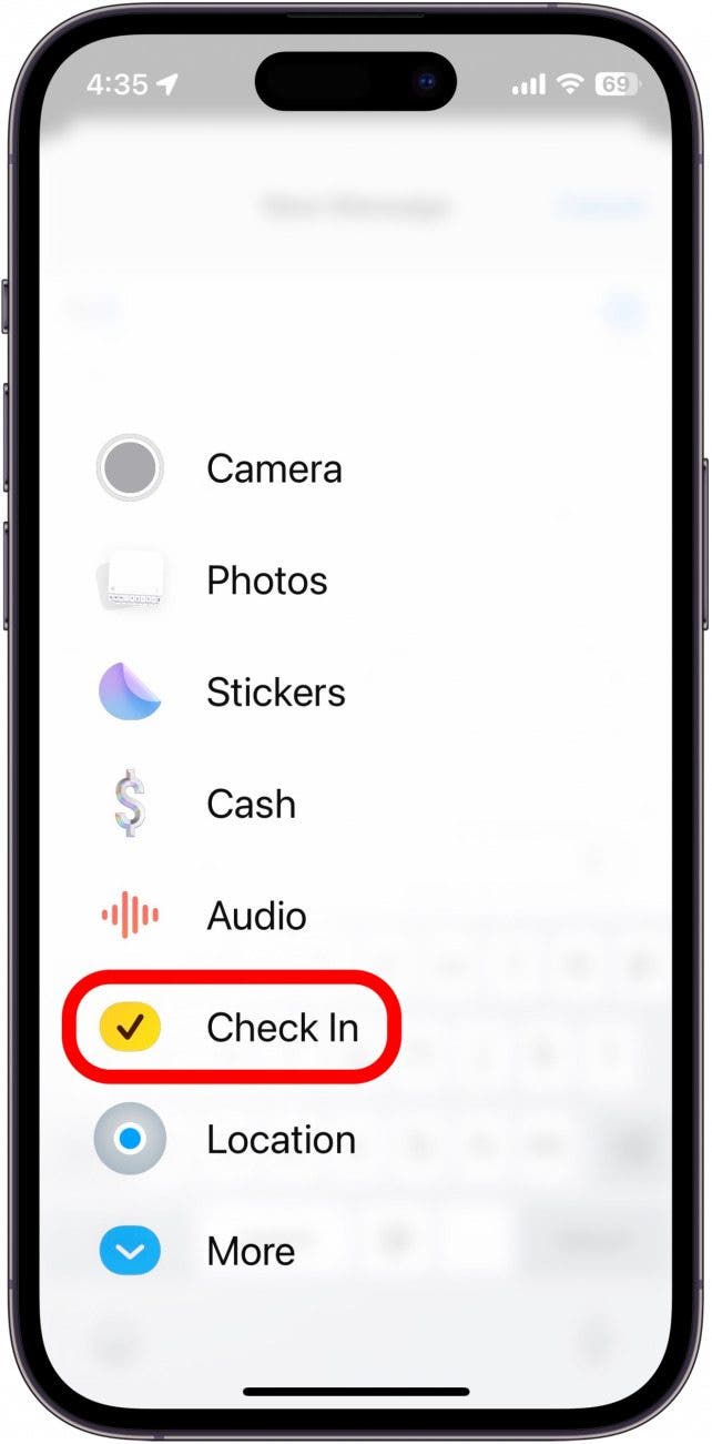 Liste der Imessage-Apps für das iPhone mit rot eingekreister Check-in-App