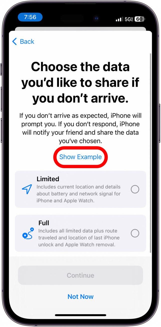 iPhone-Check-in-Setup-Bildschirm mit rot eingekreister Schaltfläche „Beispiele anzeigen“.