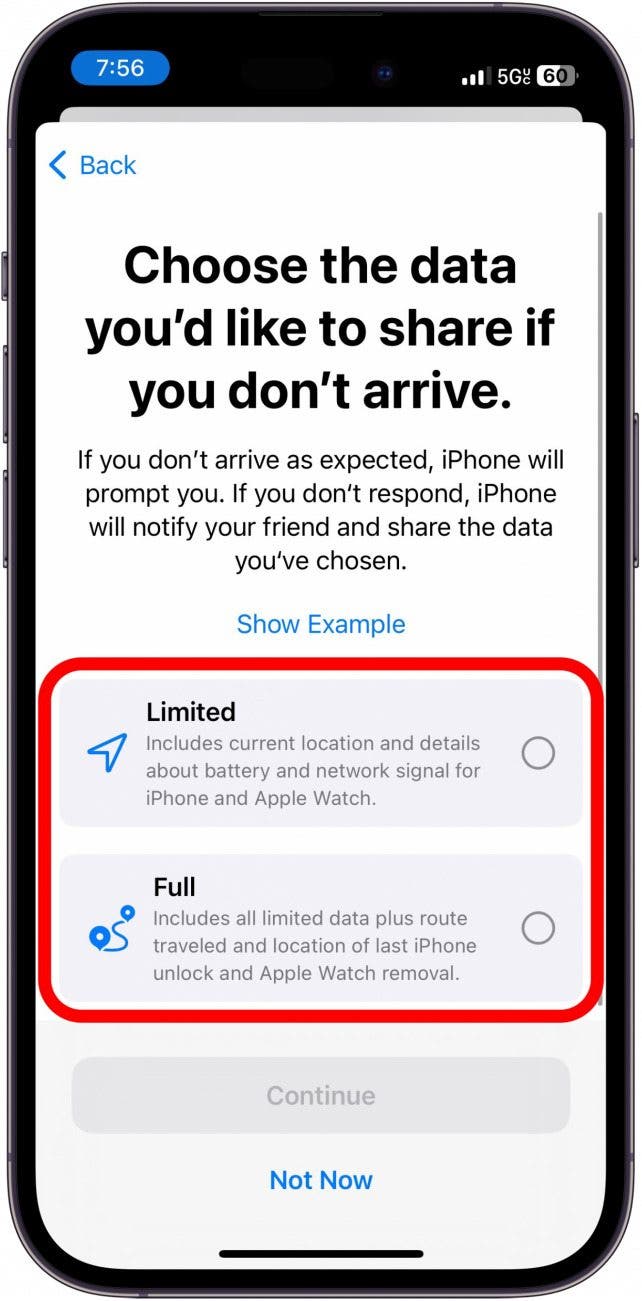 iPhone-Check-in-Setup-Bildschirm mit rotem Kreis um begrenzte Daten oder vollständige Datenoptionen