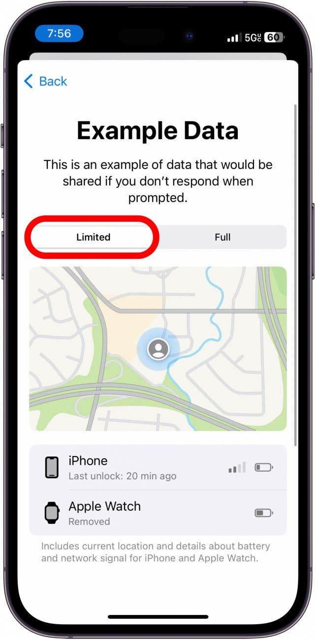Beispiel für das Einchecken begrenzter Daten auf dem iPhone mit rot eingekreister Registerkarte „Begrenzt“.