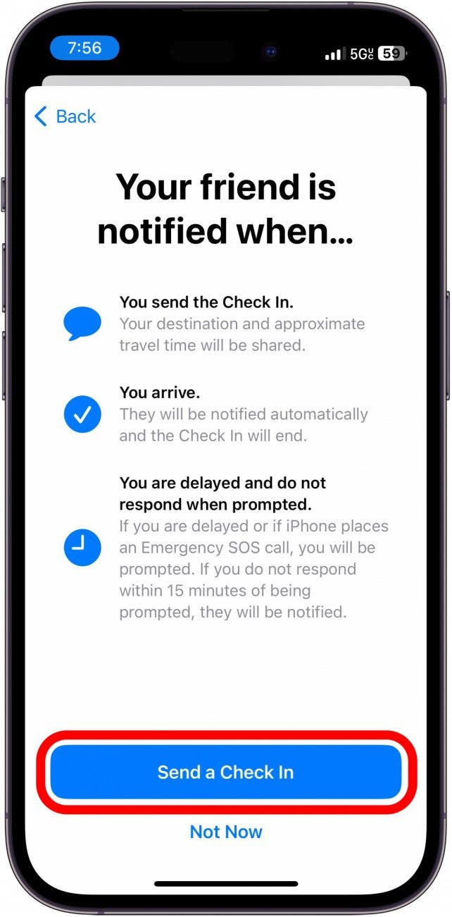 iPhone-Check-in-Setup mit rot eingekreister Schaltfläche zum Senden eines Check-ins
