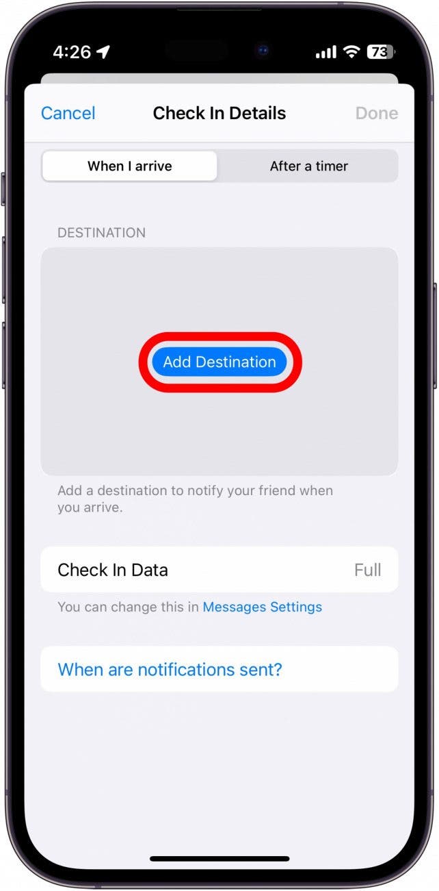 Registerkarte „Einstellungen für iPhone-Check-in bei Ankunft“ mit rot eingekreister Schaltfläche „Ziel hinzufügen“.