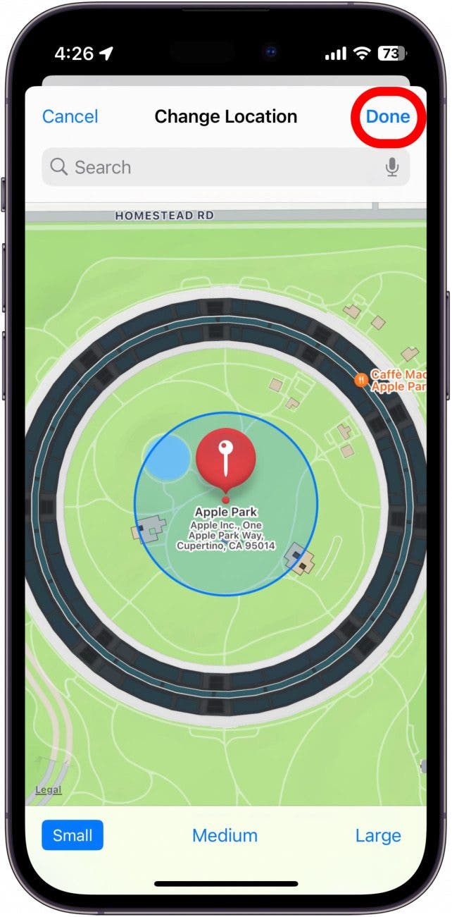Überprüfen Sie die Standorteinstellungen des iPhones mit der rot eingekreisten Schaltfläche „Fertig“.