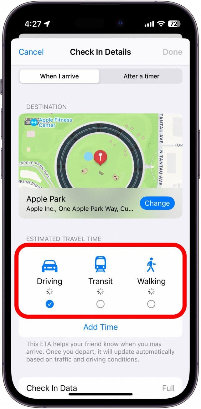 iPhone-Registerkarte „Check-in bei Ankunft“ mit rot eingekreistem Abschnitt zur geschätzten Reisezeit