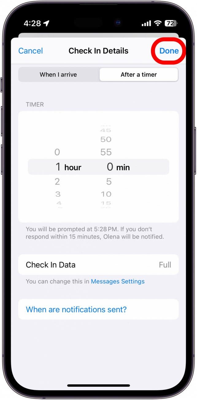 iPhone-Check-in nach einem Timer-Tab mit rot eingekreister Schaltfläche „Fertig“.