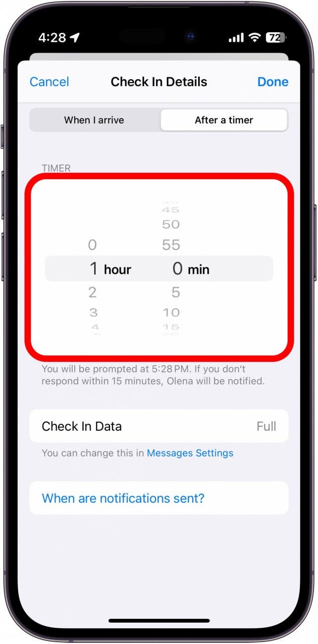 iPhone-Check-in nach einer Timer-Registerkarte mit rot eingekreisten Timer-Einstellungen