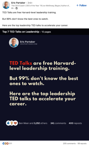 Linkedin-Beitrag mit einer Statistik, die besagt, dass 99 % der Menschen nicht wissen, welche Ted-Talks sich am besten ansehen sollten