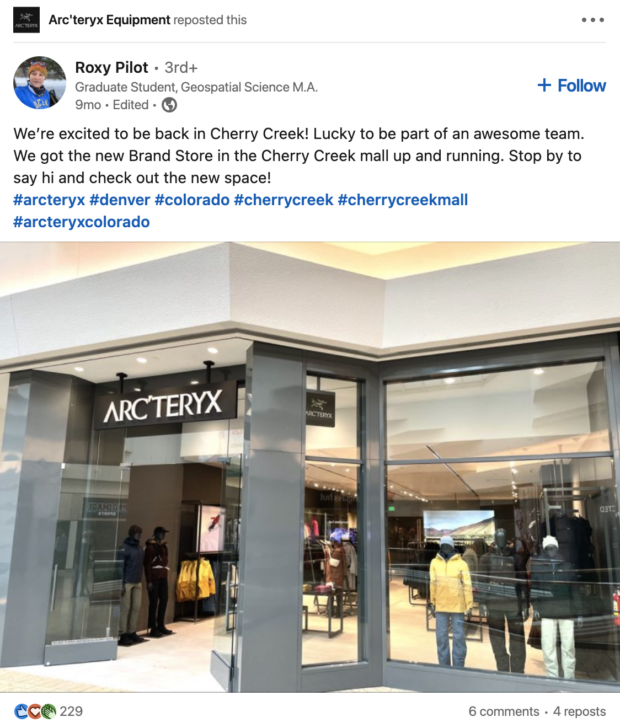 arcteryx postet erneut Inhalte über die Eröffnung eines neuen Stores von einem Mitarbeiter auf LinkedIn