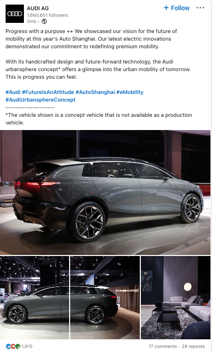 Ein LinkedIn-Beitrag mit mehreren Bildern von Audi
