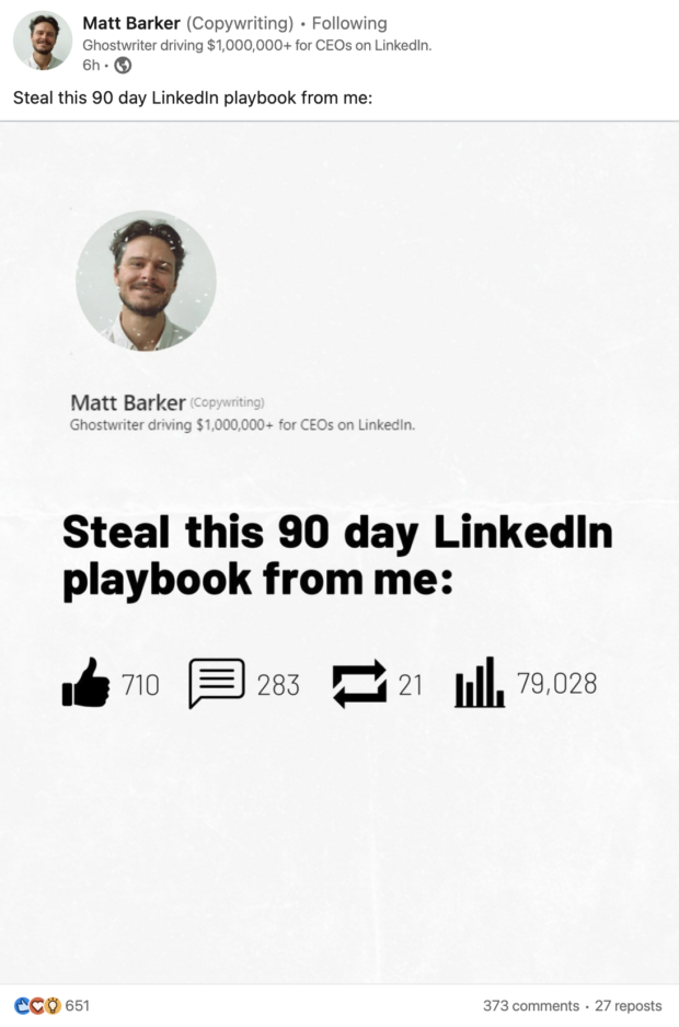 LinkedIn-Karussellbeitrag mit dem Text: „Stehlen Sie mir dieses 90-Tage-Linkedin-Playbook“