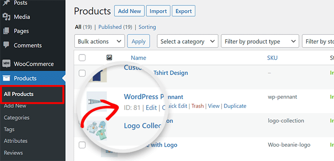 Die Produkt-ID wird unter dem Produkttitel auf der Seite „Alle Produkte“ angezeigt