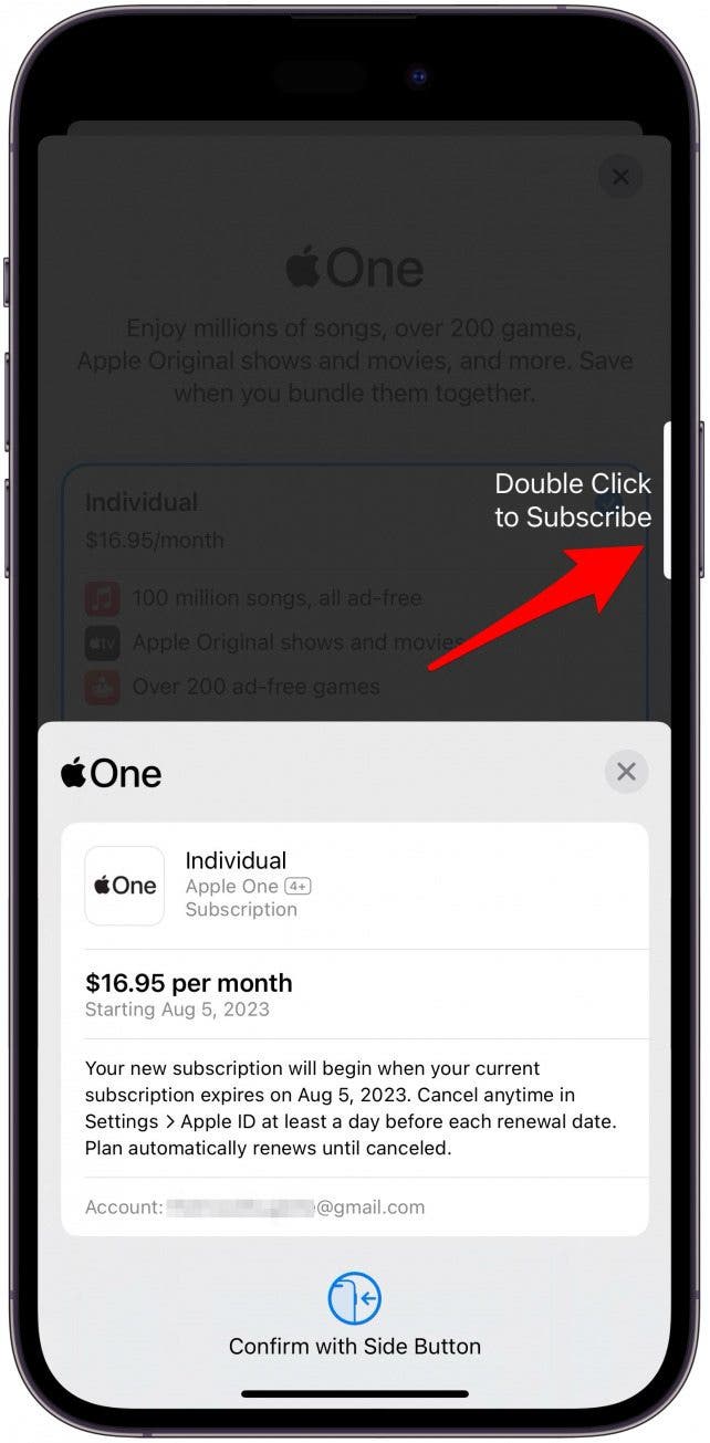 Der Apple Pay-Bildschirm wird angezeigt.  Um Ihren Kauf zu bestätigen, doppelklicken Sie einfach auf die Seitentaste oder geben Sie Ihr Apple-ID-Passwort ein.