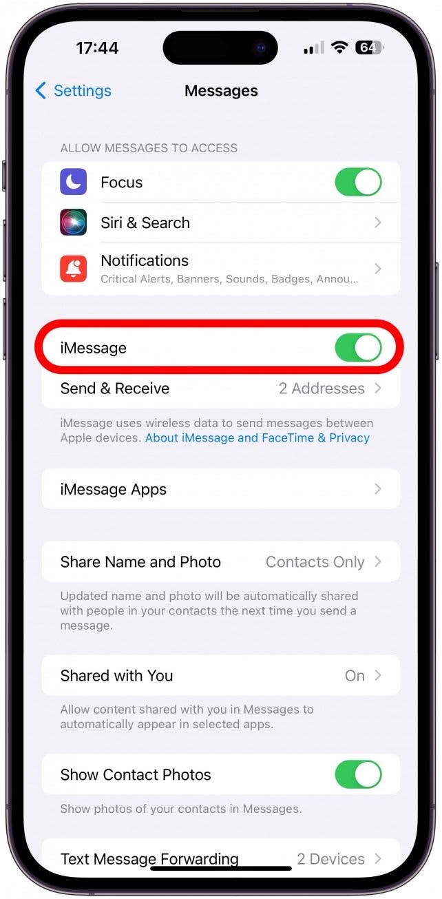 2. Wenn Ihre iPhone-Bilder nicht gesendet werden, schalten Sie iMessages ein.