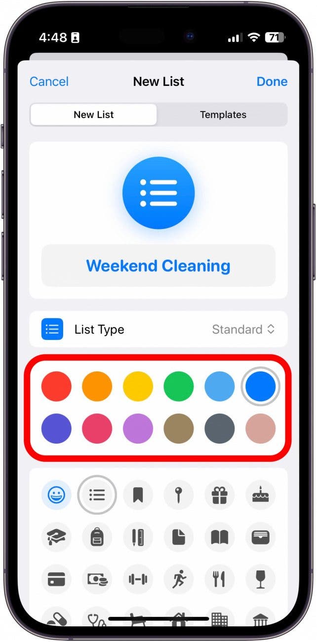 iPhone-Erinnerungs-App – neue Liste mit rot eingekreisten Farbauswahlen