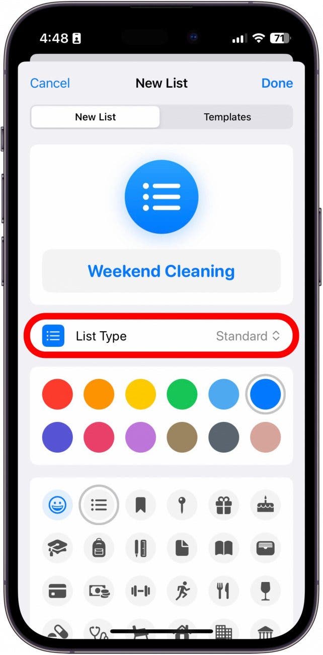 iPhone-Erinnerungs-App – neue Liste mit rot eingekreister Listentyp-Schaltfläche