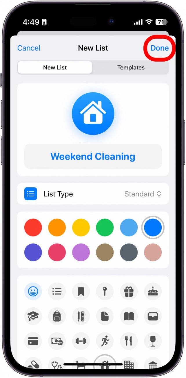iPhone-Erinnerungs-App – neue Liste mit rot eingekreister Schaltfläche „Fertig“.