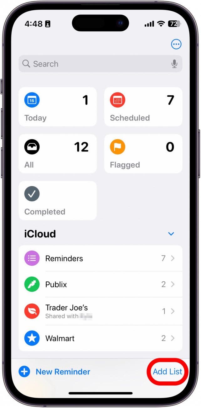 iPhone-Erinnerungs-App mit rot eingekreister Schaltfläche „Liste hinzufügen“.