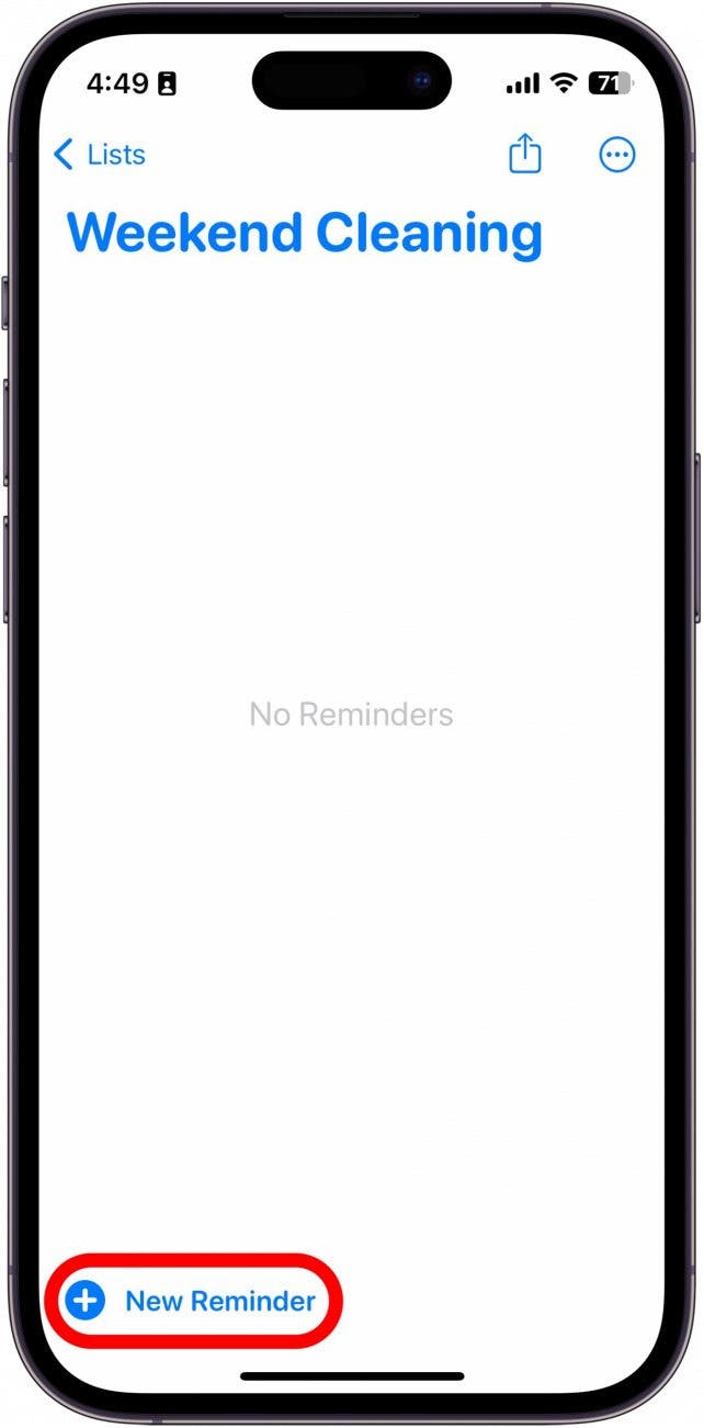 iPhone-Erinnerungsliste mit rot eingekreister neuer Erinnerungsschaltfläche