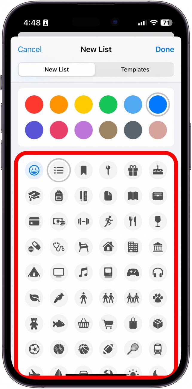 Neue Liste der iPhone-Erinnerungs-App mit rot eingekreisten Symbolauswahlen