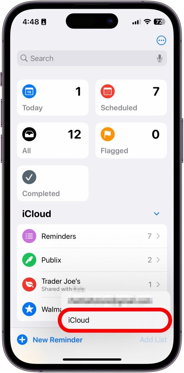 Erstellen einer neuen Liste mit der iPhone-Erinnerungs-App mit rot eingekreistem iCloud-Konto