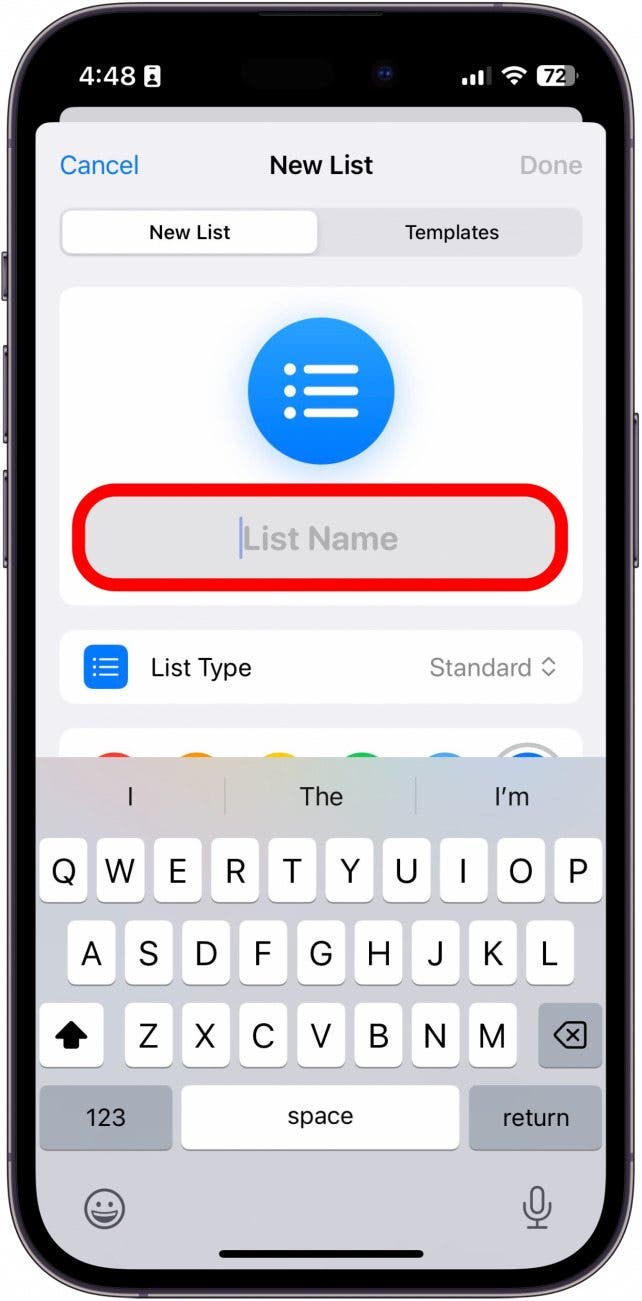 iPhone-Erinnerungen: Neue Liste mit rot eingekreistem Feld für den Listennamen