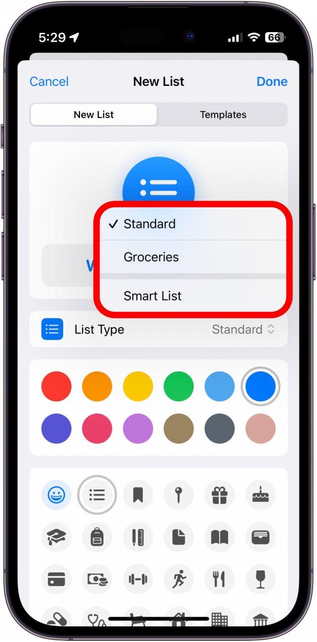 iPhone-Erinnerungs-App – neue Liste mit rot eingekreisten Listentypoptionen