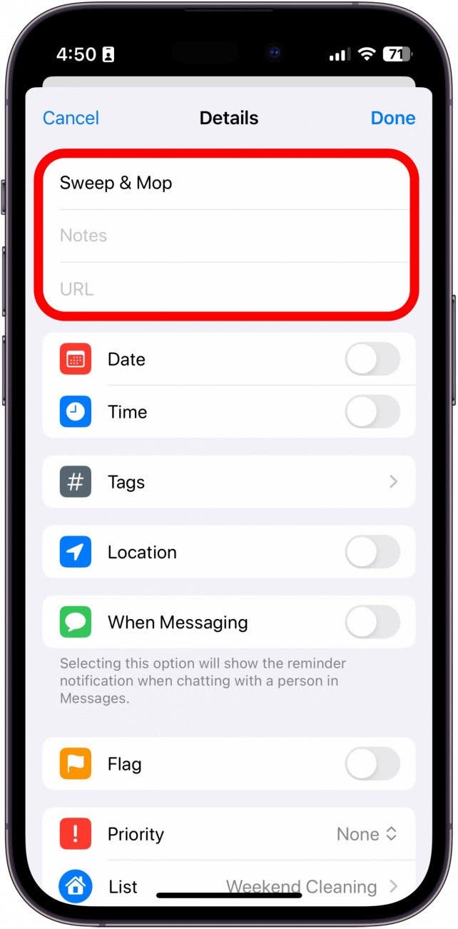 iPhone-Erinnerungsdetails mit rot eingekreisten Namens-, Notizen- und URL-Feldern